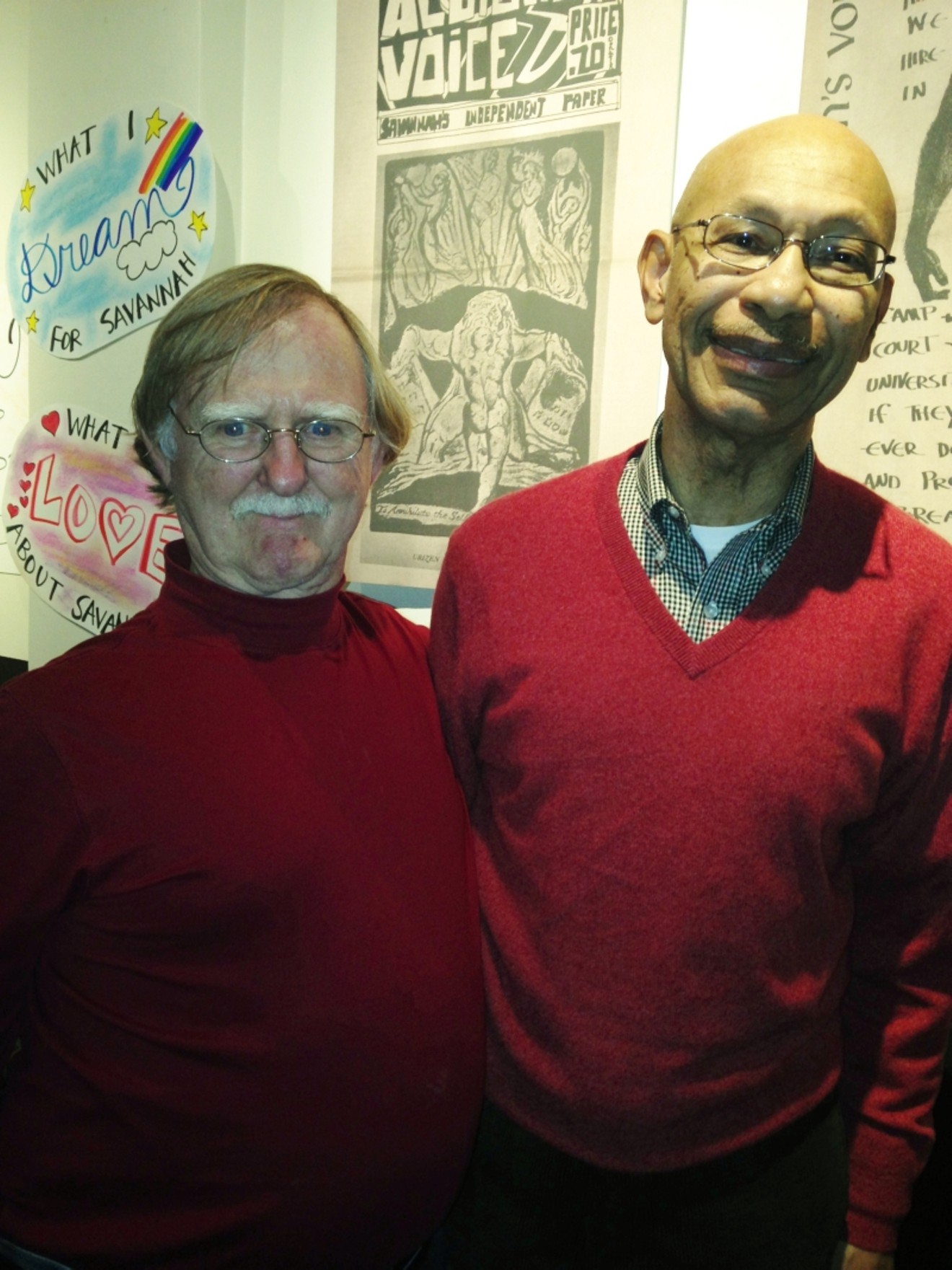 Will Strong (l.) and his Armstrong college buddy Otis Johnson reunited to celebrate Albion’s Voice, the underground newspaper Strong started in 1970.