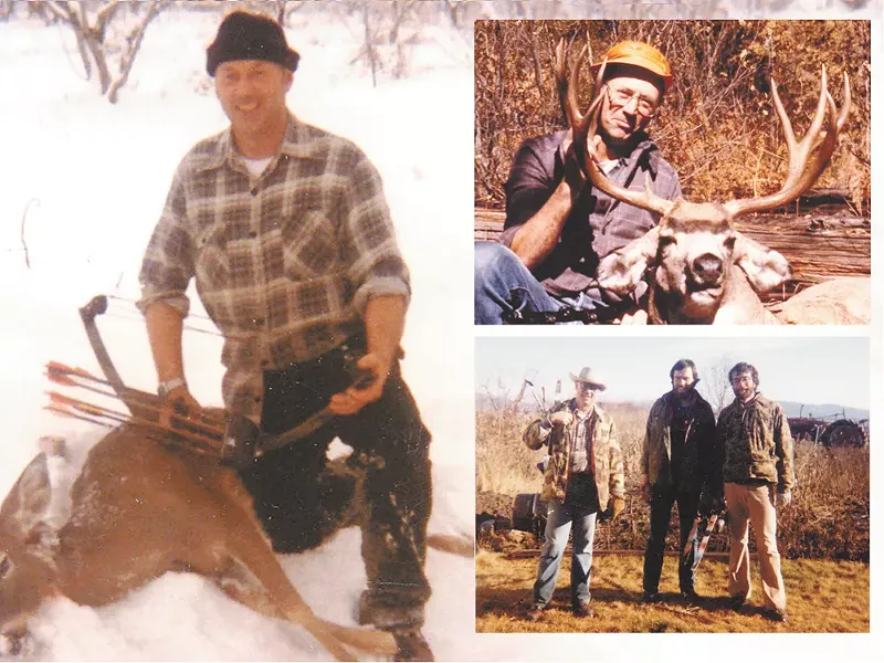 Above left: Tracy Walters. Top right: Tracy Walters, killer of a massive deer. Bottom right: Tracy Walters, Mark “Moto” Walters and local attorney Steve Jones on a bow-hunting trip.