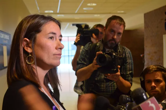 Sarah George speaks with reporters Friday. - SASHA GOLDSTEIN