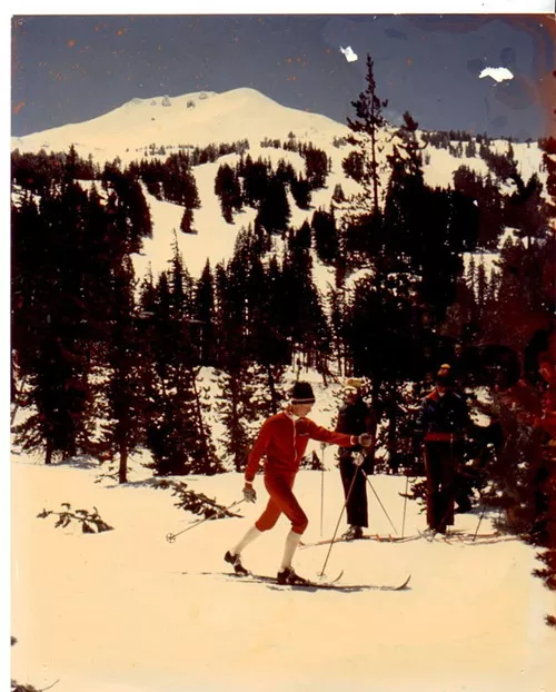 Bob Mathews teaches a nordic lesson to Scott McLagan, Joanne Coburn, Ken Klecker and Bill Coburn in the spring of 1975. This area at Mt. Bachelor is now a parking lot.