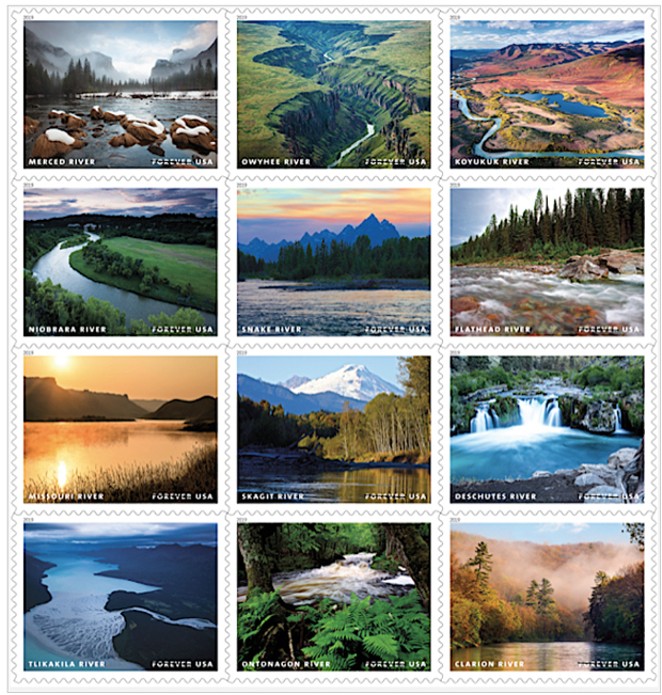The 12 forever stamps released in honor of the 50th Anniversary of the Wild & Scenic Rivers Act. - USPS