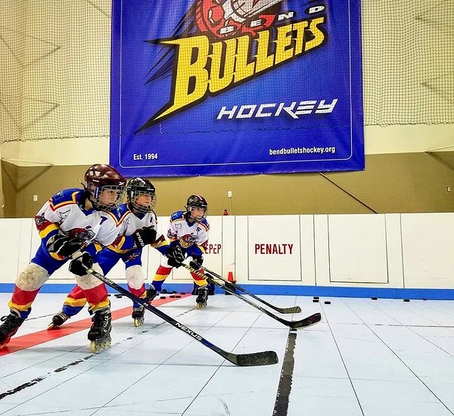 Members of the Bend Bullets hockey club work on drills at the Cascade Indoor Sports rink, which closed to skaters June 2. - COURTESY OF BEND BULLETS