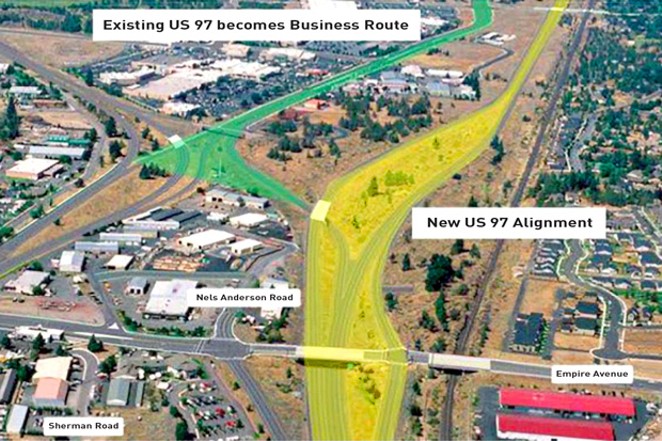 An image from the U.S. Department of Transportation shows the existing US 97, highlighted on the left, that will become a city street; and the planned &#10;US 97, highlighted on the right, just east of the existing one. - US DEPARTMENT OF TRANSPORTATION