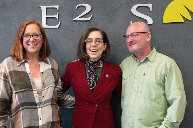 Gov. Kate Brown poses for a photo with E2 Solar staff during her visit to Bend Jan. 23. - COURTESY E2 SOLAR