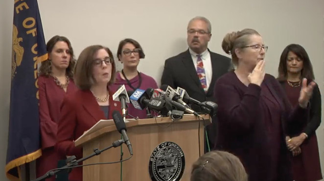 Thurs., March 12 at 9 a.m. Gov. Kate Brown held a press conference in Portland to detail the State's rules and recommendations to slow the spread of COVID-19, also known as the coronavirus. - OREGON PUBLIC HEALTH DIVISION