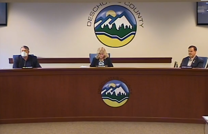 From left: County Commissioners Phil Henderson, Patti Adair and Tony DeBone meet for their regularly scheduled Wednesday board meeting. - DESCHUTES COUNTY