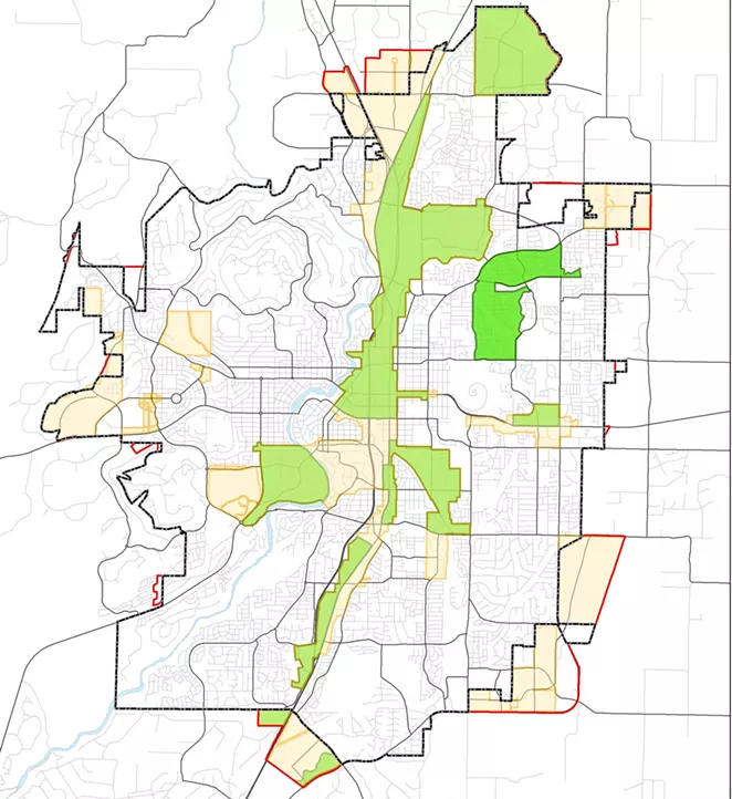 A map of the updated Enterprise Zones in Bend, illustrated in beige, show much territory being ceded across the city. The light green zones represent continuing Enterprise Zones and dark green as newly designated zones. Though a lot of Enterprise Zones will be lost, the city’s largest industrial areas will maintain their status. - COURTESY OF DESCHUTES COUNTY