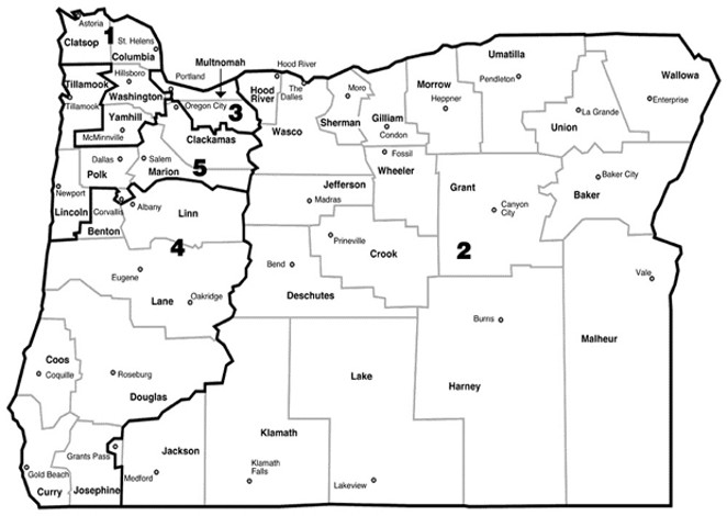 Oregon’s current five Congressional Districts. - COURTESY OREGON SECRETARY OF STATE