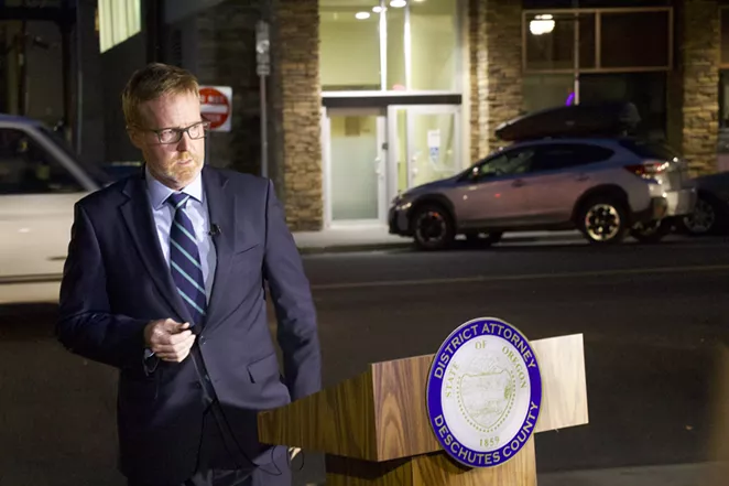 Deschutes County District Attorney John Hummel called a press conference on Thursday evening across the street from where Barry Washington, Jr. was shot on Sunday, Sept. 19. Hummel announced that a grand jury indicted the alleged shooter Ian Cranston on six charges, including second degree murder. - JACK HARVEL