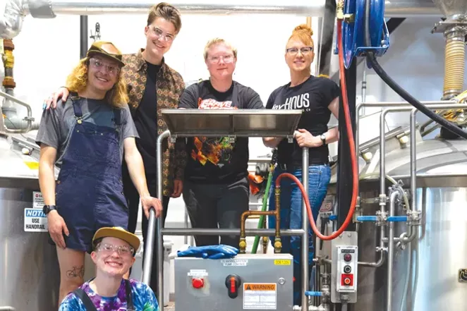 Charlie Sprinkman (top left) with 10 Barrel's Tonya Cornett (top right) brewing up a batch of Out Loud Beer in honor of Pride Month. - REILLY GOLDBERG