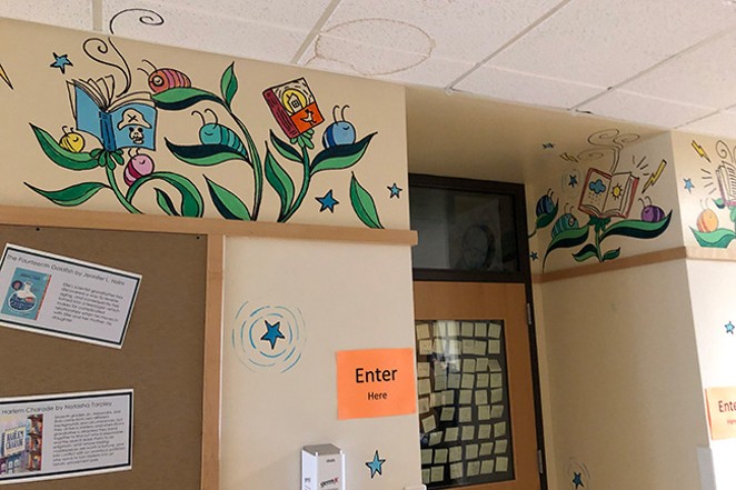 Before of a mural painted inside Miller Elementary in Bend. Artist Teafly Peterson said she finds it ironic that in this instance, BLPS staff refrained from repairing the water stain on the ceiling but painted over the mural. Another coat of paint was later added. - COURTESY STEPHANIE RODGERS
