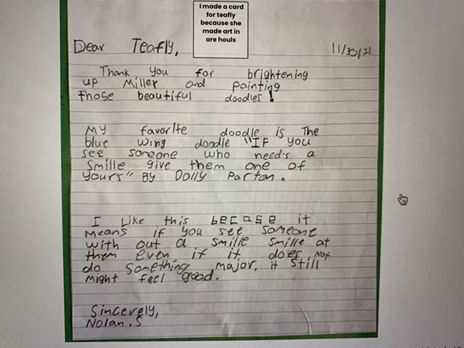 A student thank-you note to Teafly, published with parent permission. - COURTESY STEPHANIE RODGERS
