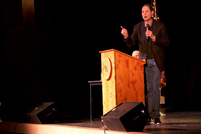 Senator Ron Wyden talks to the crowd at his town hall in Sisters Monday, Feb. 20. Wyden visited the Source Weekly on Wednesday. - NICOLE VULCAN
