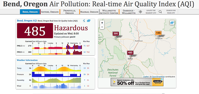 A screenshot of the air quality index for Bend as of 8 am Wednesday. - AQICN.ORG