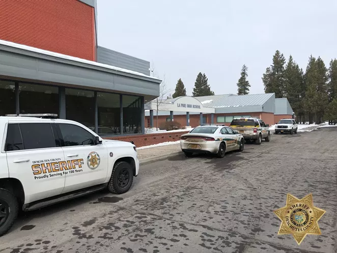 Extra officers arrived on scene at La Pine High School this morning as a precaution, following the alleged threat. - DESCHUTES COUNTY SHERIFF'S OFFICE