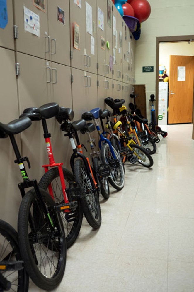 The unicycle-stocked hallway at Pine Ridge Elementary. - CHRIS MILLER
