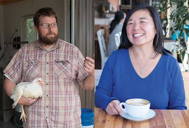 Left, Justice Hoffman, from The Great American Egg, discusses chickens before making "Bend Food" author Sara Rishforth turn green during slaughter. Right, Latte enthusiast Sara Rishforth at Jackson's Corner, one of the restaurants featured in "Bend Food." - CHARLIE THIEL