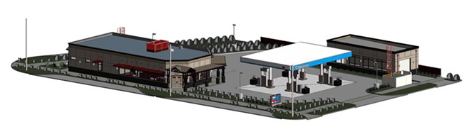 An architectural drawing of the proposed gas station and car wash. - SUBMITTED