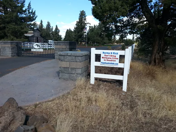 An anti-marijuana sign on a fence near Sisters. - SUBMITTED