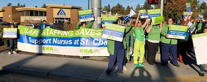 Local nurses call on St. Charles executives to reach a fair contract agreement that improves patient care and ensures safe staffing standards throughout the hospital during a rally in Sept. 2018. - OREGON NURSES ASSOCIATION