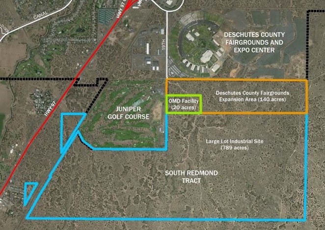 A map shows the boundary of the new industrial zoned land and the expansion of the Deschutes County Fairgrounds. - CITY OF REDMOND