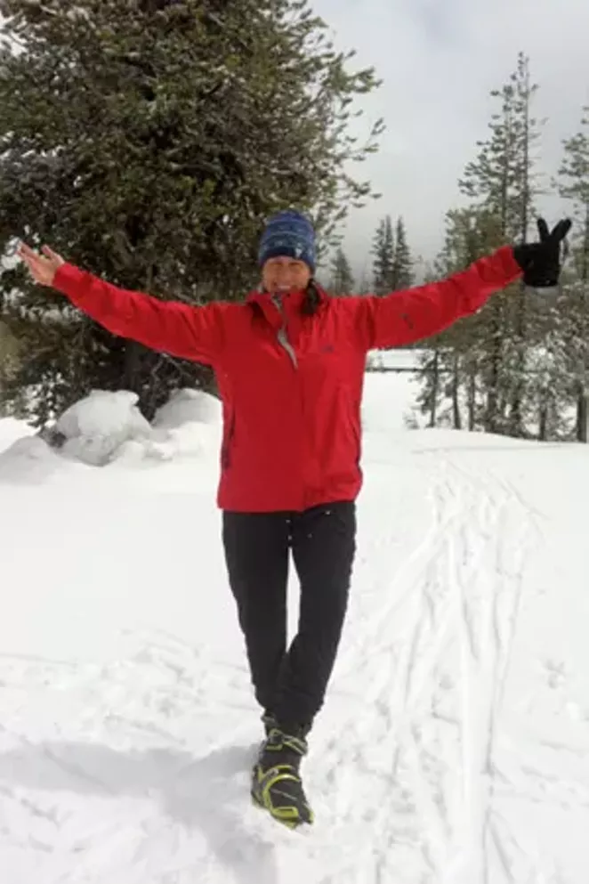 Julie Southwell celebrates the powder posing in skate ski boots. - SUBMITTED-JULIE SOUTHWELL