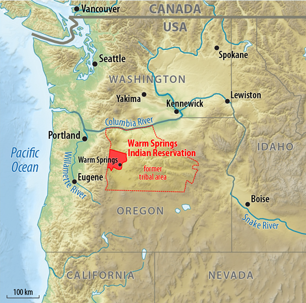 The independent tribal lands of Warm Springs were created in 1855 when the tribes gave 10 million acres to the U.S. and kept 640,000 for their own use. - WIKIMEDIA