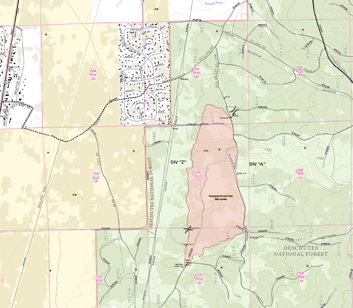 A map of the area of the 393-acre Rosland Road Fire near La Pine. - DESCHUTES NATIONAL FOREST