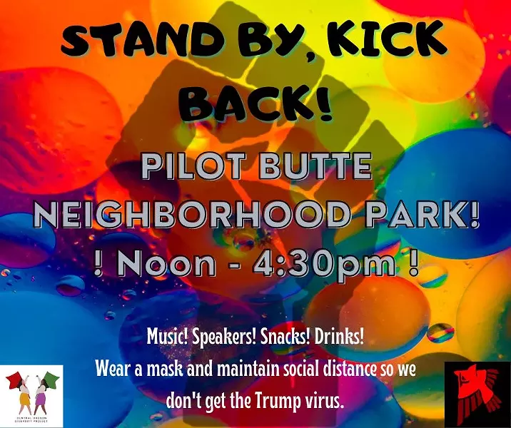 Announcement for "Stand by, Kick back!" gathering at Pilot Butte posted at 5:13 am on Oct. 3. - CENTRAL OREGON PEACEKEEPERS