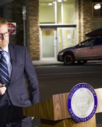 Deschutes County District Attorney John Hummel called a press conference on Thursday evening across the street from where Barry Washington, Jr. was shot on Sunday, Sept. 19. Hummel announced that a grand jury indicted the alleged shooter Ian Cranston on six charges, including second degree murder.