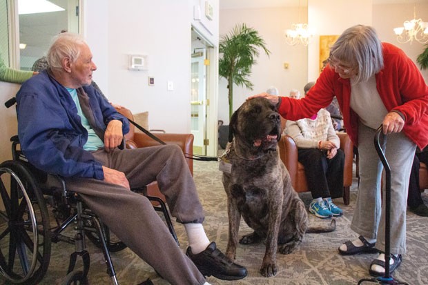 Jennifer Horsman and her therapy dog, Hobie, greet Apen Ridge Memory Care residents Done Gile and Anne Jackson. - KEELY DAMARA