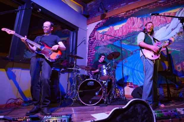 Patrick Pearsal thumbs bass, Dylan Burnall pounds drums and Eric Leadbetter shreds on the band's new album, debuting Saturday night at Silver Moon. - SUBMITTED
