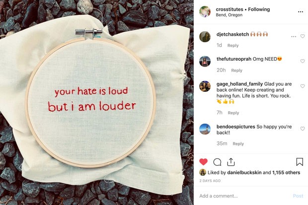 “Your Hate is loud, but I am louder,” is a piece Crosstitutes posted after their account was reinstated. - @CROSSTITUTES