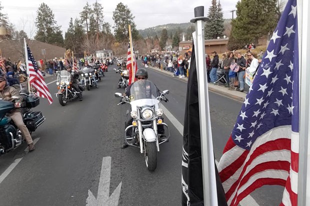 A cadre of veterans on two wheels rolled through Newport Ave. Monday as part of the Veterans Day Parade. - BONNIE VANDIVER.