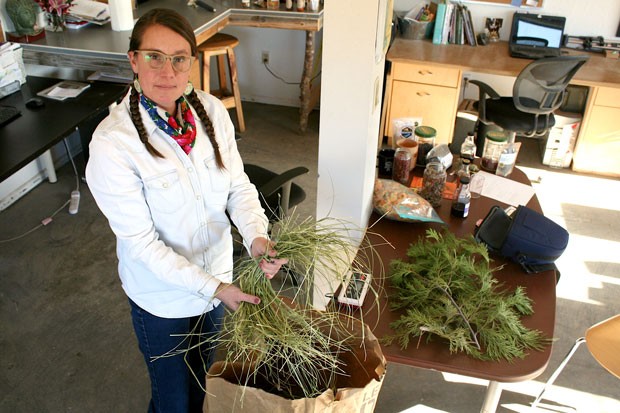 Indigenous farmer Spring Olson, seen here inside her farm &quot;classroom&quot; and workspace, opens a bag of sweetgrass, which has a variety of traditional medicinal and spiritual uses. - NICOLE VULCAN