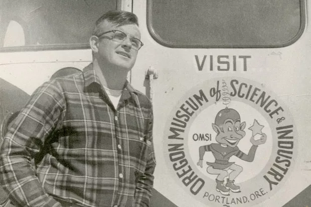 A younger Jim Anderson, OMSI staff naturalist, stands outside the OMSI "Space Cruiser" of the 1960s. - JIM ANDERSON
