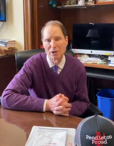 Sen. Wyden records a quick COVID-19 legislation update from his desk in Washington, D.C. for his Facebook page on March 22. He assures his constituents that he'll working on unemployment benefits and not a "giant slush fund for multinational corporations." - RON WYDEN - SCREENSHOT VIA FACEBOOK