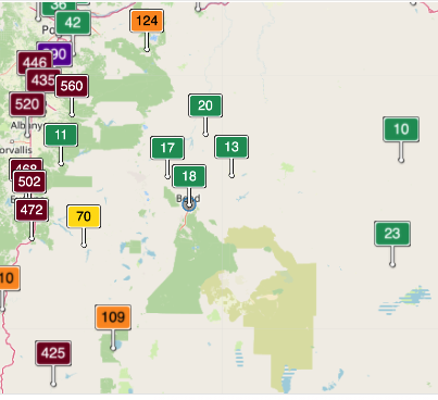Bend's air quality was at "Good" levels Tuesday evening; not so much for locations in the Willamette Valley. - AQICN.ORG