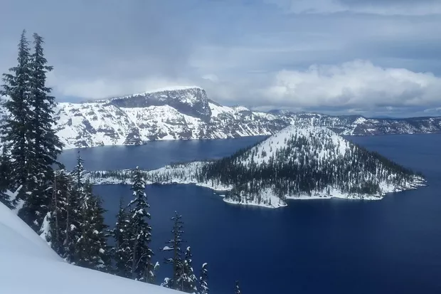 A spectacular winter view across Crater Lake from the West Rim Drive. - DAMIAN FAGAN