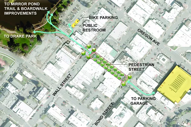 A map from DBBA shows an overhead view of how the pedestrian plaza will connect with Drake Park and the parking garage on Oregon Avenue. - DOWNTOWN BEND BUSINESS ASSOCIATION