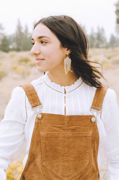 Bronwen Gold Lace Earrings by Hoof & Arrow, $88 - DREW CECCHINI