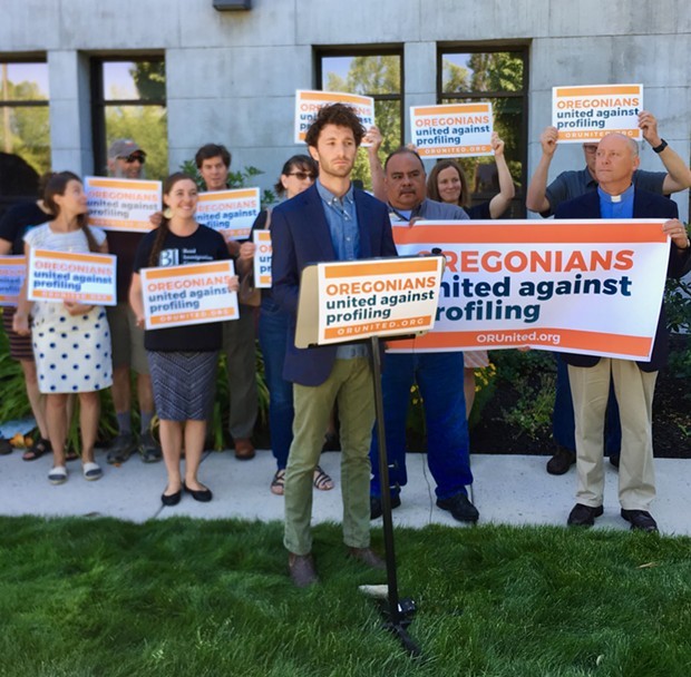 DA John Hummel (not pictured) joined Noah Goldberg-Jaffe of the Oregon AFL-CIO, members of the clergy and members of the Latino Community Association in demonstrating against Measure 105 in front of the Deschutes County Courthouse July 9. - CHRIS MILLER