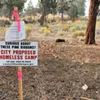 A sign marks the site of a proposed managed camp for houseless people on Ninth Street, and encourages people to get in touch with the City to share their thoughts.. A sign marks the site of a proposed managed camp for houseless people on Ninth Street, and encourages people to get in touch with the City to share their thoughts..
