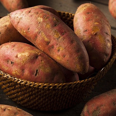 Sweet potatoes in a basket on a table