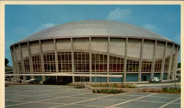 A vintage postcard describes the Charlotte Coliseum, now Bojangles Coliseum, as futuristic and spacious.