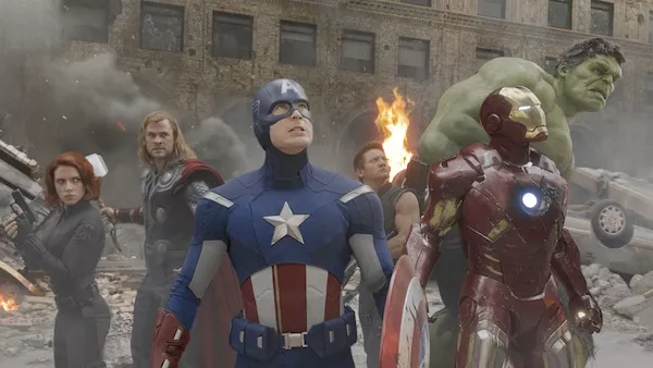 ASSEMBLED: The Black Widow (Scarlett Johansson), Thor (Chris Hemsworth), Captain America (Chris Evans), Hawkeye (Jeremy Renner), Iron Man (Robert Downey Jr.) and the Hulk (Mark Ruffalo, sort of) prepare to do battle in The Avengers. (Photo by Disney & Marvel)