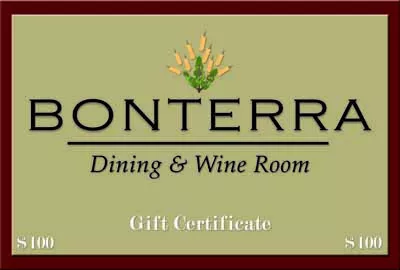 Bonterra Dining & Wine Room - Located in the heart of Dilworth, featuring contemporary American cuisine. Over 200 wines by the glass and an additional 300 from the wine cellar. - 1829 Cleveland Ave. 704-333-WINE - Open Monday-Saturday, - bar at 4:30 p.m., restaurant 5:30 p.m. - Gift certificates can be purchased online, - in person or over the phone. - www.BonterraDining.com - Credit cards accepted
