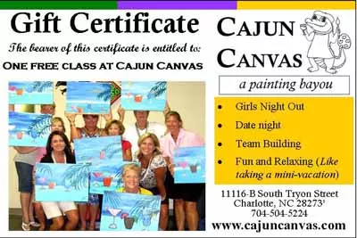 Cajun Canvas - A painting bayou: An informal art studio, bring wine or beer to enjoy, receive simple instructions to complete A Painting By You. No experience necessary. Gift certificates available. - 11116-B S. Tryon St. (Located 1 block south of Carowinds on South Tryon Street in the York Ridge Shopping Center). 704-504-5224. - www.cajuncanvas.com - Credit cards accepted