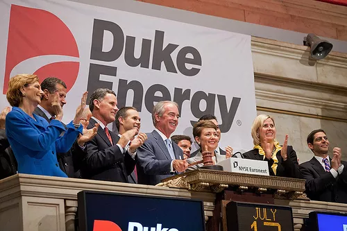 Duke Energys CEO Jim Rogers rings the opening bell at the New York Stock Exchange on July 12,2011 in New York City.