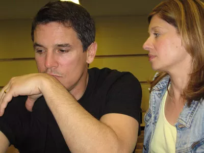 GETTING HIS KICKS Dean Biasucci as actor with BareBones' Orange Flower Water (pictured rehearsing with Laurelei Ballard)... - BAREBONES